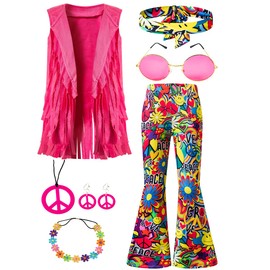 IWALUE 60s 70s Hippie Outfits Kids Girls Costume Fringe Vest Peace Flared Pants Accessories Set（Multicolored,8-10 Years）