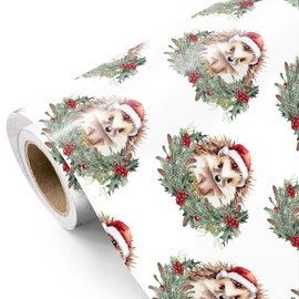 WRAPAHOLIC Hedgehog Christmas Wrapping Paper - Mini Roll - 17 Inch x 16.5 Feet - Chrismas Wreath Adorned Hedgehog Wrapping Paper for Xmas Holiday, Party Celebration