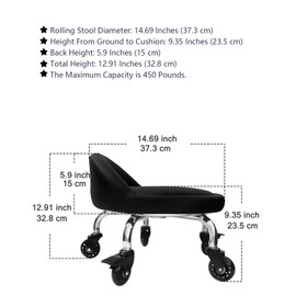 Rolling Stool with Back IMMER LIEBEN Low Rolling Seat with Large Silent Wheels Soft and Waterproof Roller Stool for Home Office, Garage, Library, Shop Daily Lives Black