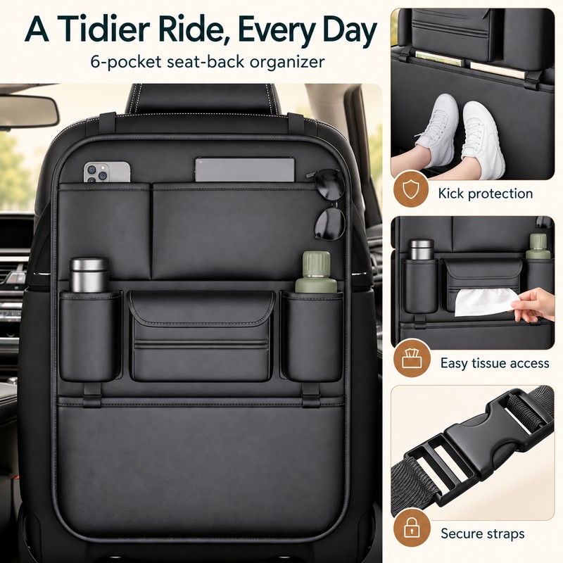 6-Pocket Car Seat Back Organizer for Vehicle Storage – Waterproof