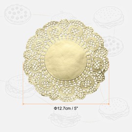 sourcing map 100pcs Lace Paper Doilies 5 Inch Gold Round Disposable Decorative Paper Placemats Hollow Flower Absorbing Papers for Cakes Desserts Food Decoration Wedding Birthday