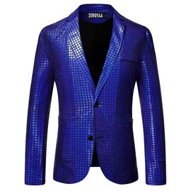 ZEROYAA Men's 70s Disco Suits Metallic Shiny Sequin Outfits Blazer and Pants Set Dance Party Costume Royal Blue XX-Large