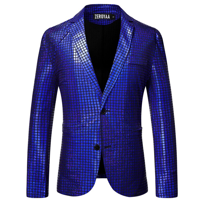 ZEROYAA Men's 70s Disco Suits Metallic Shiny Sequin Outfits Blazer