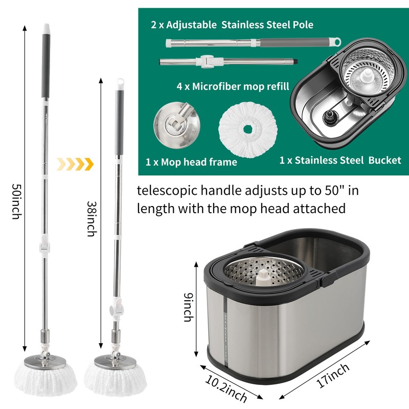 Stainless Steel Spin Mop and Bucket with Wringer Set, 360°