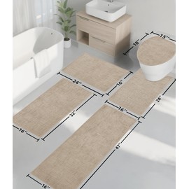 YIHOUSE Bathroom Rug Set 5 Piece, Non Slip Quick Dry Absorbent Bathroom Mat Set, Ultra Thin Machine Washable Low Pile 5 Piece Bath Mat for Bathroom Sink, Beige