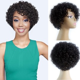 ManeMajesty Short Kinky Curly Human Hair Wigs for Black Women Wear and Go Glueless Wig Afro Jerry Curly Brazilian Remy Human Hair Side Part Curly Pixie Cut Wig No Lace Front 8 Inch Natural Black 1B