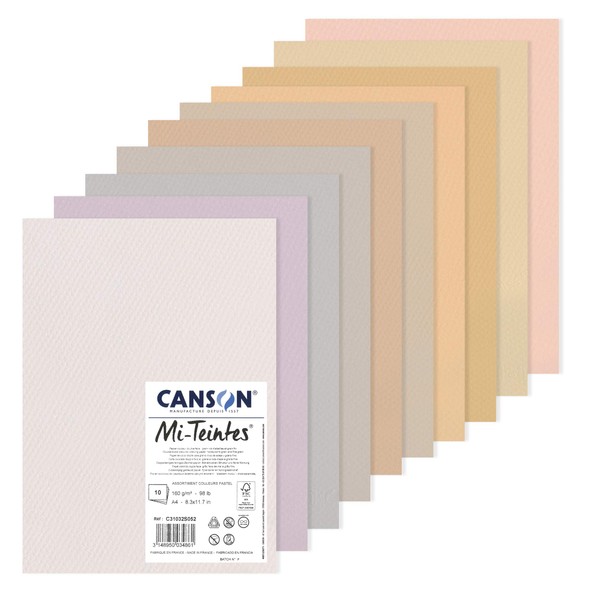 CANSON Mi-Teintes Coloured Drawing 160gsm A4 Paper Pack, Double Sided: