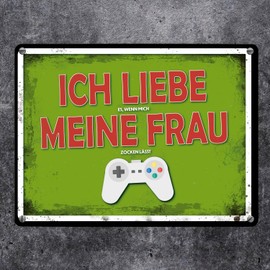 Metal Sign with Gamer Motif and Saying: Ich liebe es wenn mich meine Frau zocken lässt