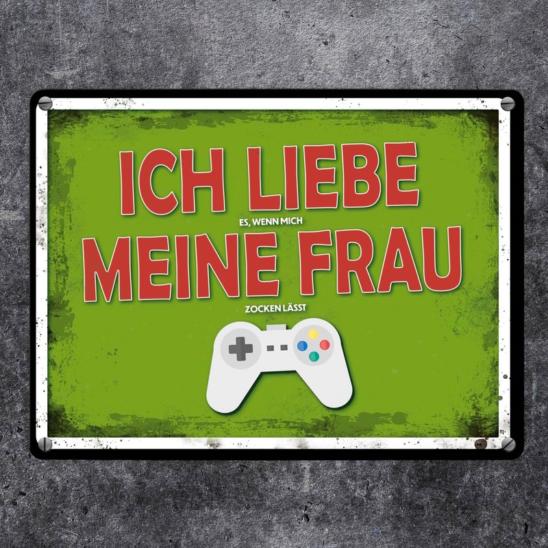 Metal Sign with Gamer Motif and Saying: Ich liebe es