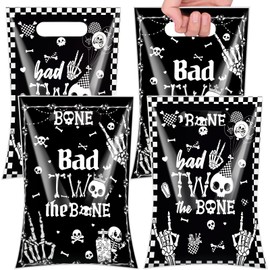 TAKEALOOKO Bad Two The Bone Birthday Favor Bags - 50Pcs Gothic Skeleton Goodie Bags with Handles for 2nd Birthday Party Decorations, Rock and Roll Black Plastic Treat Bag for Kids Girls