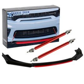 Xotic Tech Front Bumper Lip Chin Spoiler Splitter Diffuser Protector Body Kit with Adjustable 10"-13" Support Rod Compatible with Honda Accord Civic or VW MK5 MK6 MK7 or Kia Optima, Matte Black w/Red