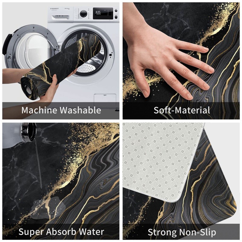 Black and Gold Marble Bath Mats for Bathroom, Soft Absorbent