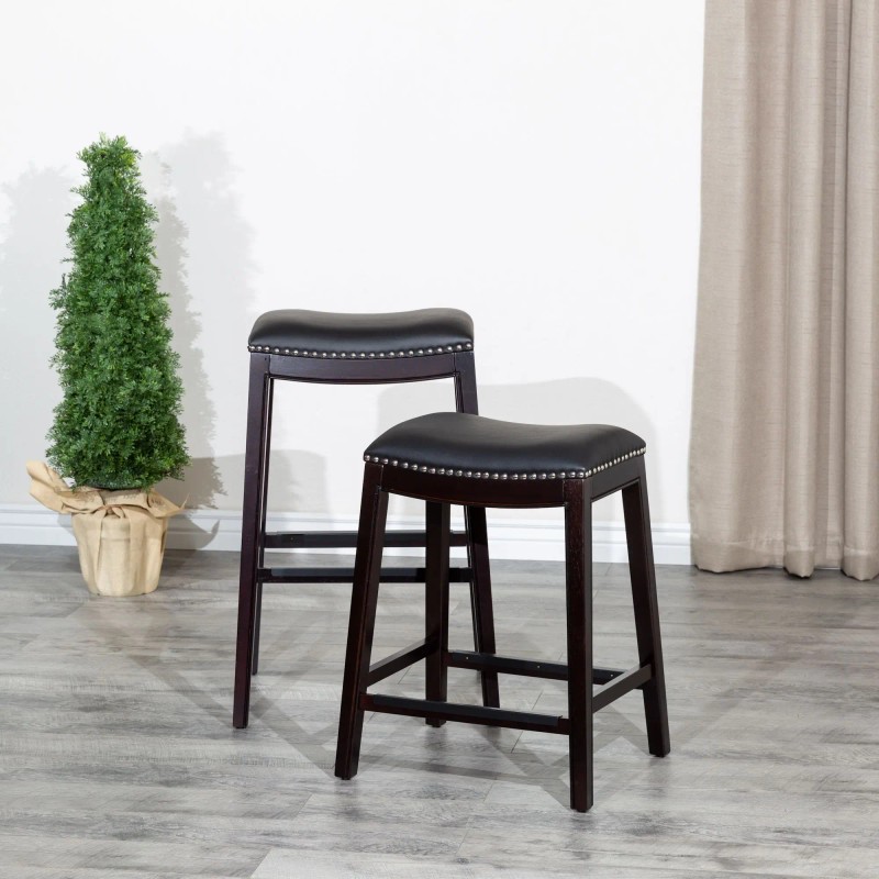 Bar Stool 24 Inch Espresso Finish Black Leather Seat Wood