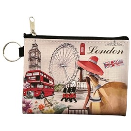Zipped Coin Purse, London Icons, Big Ben Red Bus Guards London Eye Phone Box Union Jack, Gift