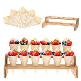 Queekay 100 Pcs Disposable Wooden Food Cones with 12 Holes Food Cone Display Stand Cone Holder for Charcuterie, Ice Cream, Catered Events, Party or Buffets