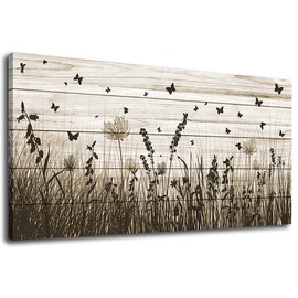 Wildflower Wall Art Autumn Canvas Picture Butterfly Grass Dandelion Artwork Vintage Wooden Board Painting Prints for Bedroom Living Room Office Home Kitchen Wall Decor Framed Ready to Hang 20" x 40"