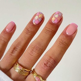 Enppode Pink Press on Nails Short Fake Nails Square Nails with Flowers Design Glossy Full Cover Nails for Women 24 PCS/Set