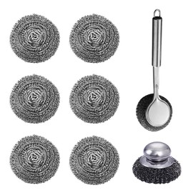 8 PCS Stainless Steel Scrubber Metal Sponge Pads Steel Wool Scrubbers Scouring Pads Ball Long Handle Scrub Brush for Pot Pan Dish Wash Cleaning Cookware Cleaner Kitchen Bathroom