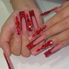 Red Rhinestones Press on Nails Long Square Fake Nails French