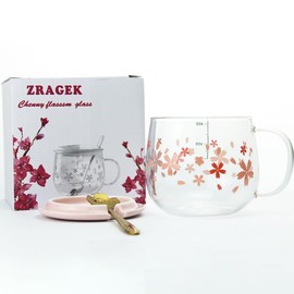 ZRAGEK Cute Home Coffee Glass, Creative 14Oz Large Capacity Tea Cup with Handle and Lid, Office Heat Resistant Sakura Cup, Water Glasses, Coffee Cups(Pink B,3 Piece Set)