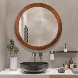 CULER Round Wood Mirror 24 Inch,Circle Mirror with Walnut Frame for Wall,Rustic Decorative Round Wall Mirror for Bathroom Bedroom Entryway（Walnut Brown）