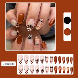 Fall Press on Nails Short Almond Pumpkin Fake Nails Brown Medium Almond False Nail with Plaid Design Autumn Winter Thanksgiving Glue on Nail Glossy Full Cover Stick on Nails for Women Manicure