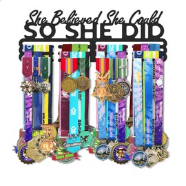 Medal Holder Hanger Rack Display Storage Steel Wall Mounted Fame Black Metal Sports Marathon Running Soccer Gymnastics Large-capacity Medals Sturdy Wall Decor She Believed She Could (15.7")