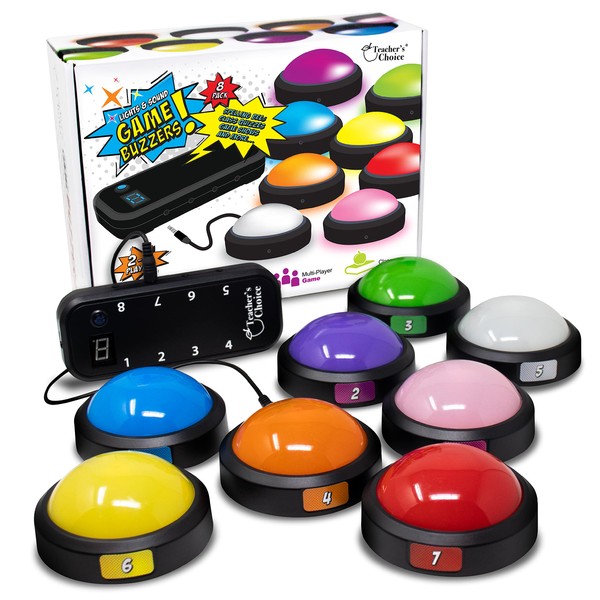 Teacher's Choice 8 Player Light Up Game Buzzer System | Displays The Winning Player | Loud, Unique Sounds for Each Buzzer, Great for Trivia Games, Family Feud, Jeopardy, Competition, Spelling Bees