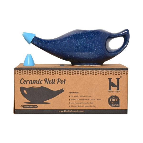 Ceramic Neti Pot Sinus Rinse Nasal Wash with Salt, Dishwasher Safe, 225 Ml. Capacity (Blue Dapple)
