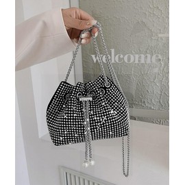 Miniministore Glitter Drawstring Bag, Chain Mini Bag, Bucket Bag, Women's, Rhinestones, Crossbody Bag, Compact, Shoulder Bag, Cute, Invitation Bag, Wedding After-Party, Black