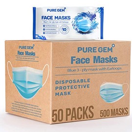 Premium Pack of 500 (50 x 10 Masks) Single Use Disposable Face Mask, Soft on Skin, Bulk Pack 3-Ply Masks Facial Cover with Elastic Earloops For Home, Office, School, and Outdoors (Pack of 500 Masks)