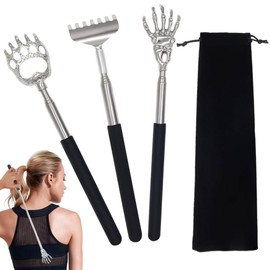 Xpudding Back Scratcher Set, 3 Pack Stainless Steel Telescoping Scratchers with Bear Claw, Skeleton Hand, Paw Design, Black Handle with Storage Pouch