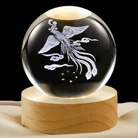 YANFEYHA 3D Phoenix Crystal Ball Lamp with Dimmable LED and Wooden Base, Night Light for Kids Teens Adults, Home Desk Office Bedroom Decor, Birthday Gift (2.4”/ 6cm)