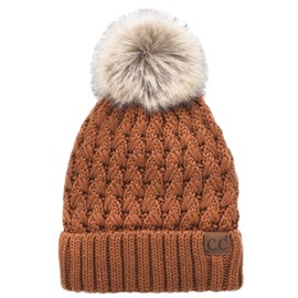C.C Women’s Winter Cable Sherpa Fleece Lined Ribbed Beanie Lattice Braided Knit Crossover Stitch Faux Fur Pom Soft Warm Hat
