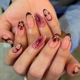 Almond Press on Nails Medium Pink Flower Fake Nails Red French Tip False Nails with Gold Pearl Design Glossy Acrylic Full Cover Glue on Nails Reusable Stick on Nail for Women Manicure 24Pcs