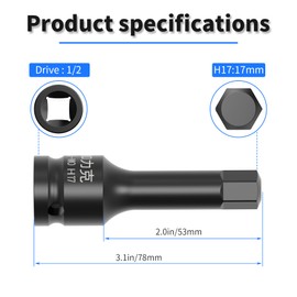 Skweawert 1/2" Drive H17(17mm) Impact Hex Bit Socket Metric 3" Length Cr-Mo Steel Air Drive Allen Lengthen Screwdriver Socket Adapter Use with Impact Drivers or Ratchets