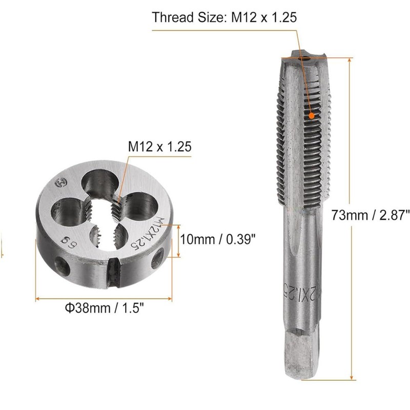3 Pcs Metric Hand Tap & Die Set, M12 x