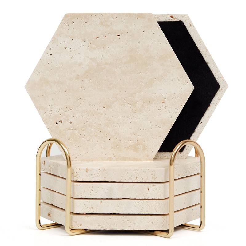 YONGHEE Travertine Coasters Set of 6 with Holder, Hexagonal Rustic