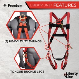 Liberty Line Freedom Essential 3-Point Full Body Harness, 3 D-rings, Tongue Buckle Legs (ANSI)