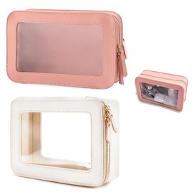CLDURHGE Children's Vanity Case & Makeup Bag - Two Piece Set in Beige and Pink, Perfect Cosmetic Bag Transparent with Polished Metal Accessories, Excellent for All Makeup Needs