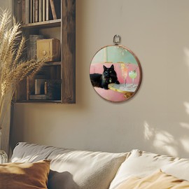 iEFEY Black Cat Wall Decor, Cute Pink Quirky Cocktail Martini Hanging Framed Canvas Wall Art, Trendy Eclectic Black Cat Decorations for Bar Dorm Home Living Room 10"x10"