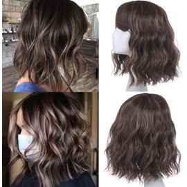 Leeven Natural Wavy Wig with Bangs Short Bob Wigs Women's Shoulder Length Wigs Colorful Loose Curly Wavy Wig Synthetic Cosplay Wig for Girl for Daily Party 12 Inch