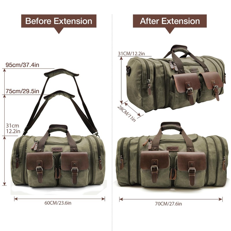 Wildroad 60L Travel Duffel Bag, Expandable Canvas Genuine Leather Duffle