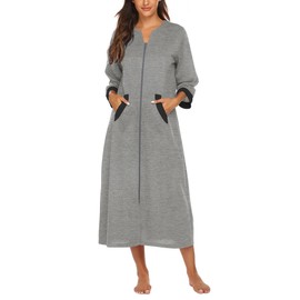 Ekouaer Women Zipper Robe 3/4 Sleeves Loungewear Dress Full Length Sleepwear Pockets Housecoat Nightgown Long Bathrobe