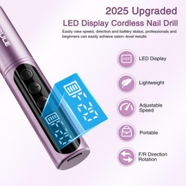 Electric Cordless Nail Drill File: LED Display Professional Portable Nail Drill for Acrylic Gel Dip Powder Nails Manicure Pedicure Kit Tool with Nail Drill Bits Sanding Bands, Purple