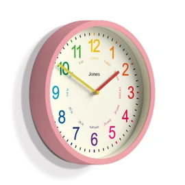 Jones Clocks® Kids Clock - Time Teaching Clock - Learn To Tell the Time Clock - Kids Wall Clock - Childrens Clocks for Bedrooms - Analogue Clock for Kids - Childrens Clock (Pink)