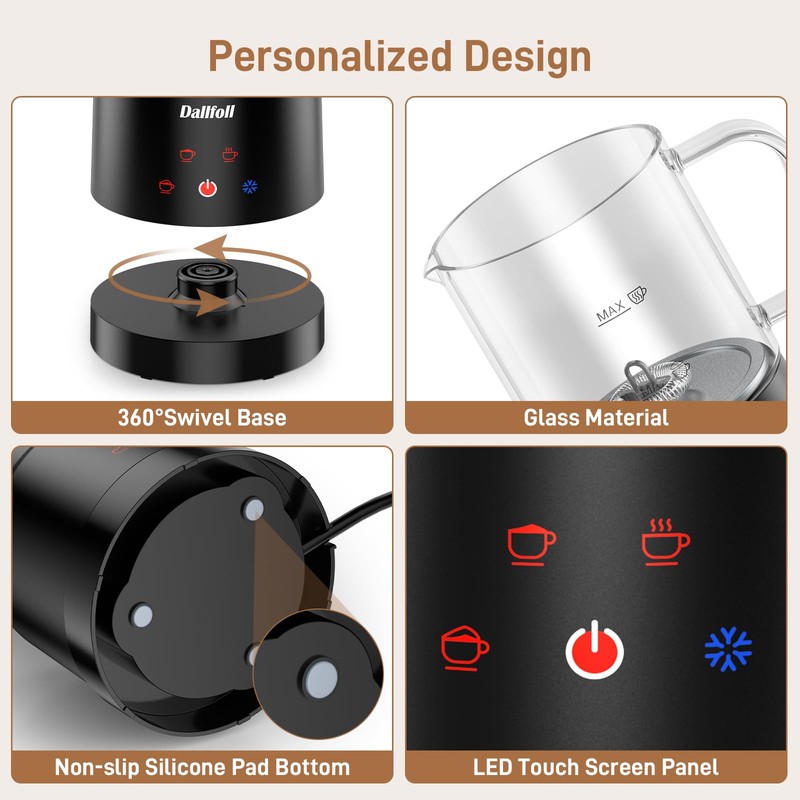 Dallfoll Milk Frother, 4-in-1 Milk Frother and Steamer Electric, Visualized