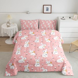 Feelyou Cute Rabbit Bedding Set Cartoon Bunny Pink Decor Comforter Set for Kids Boys Girls Lovely Little Floral Rabbit Comforter Botanical Animal Quilt Set Room Decor 2Pcs Twin Size