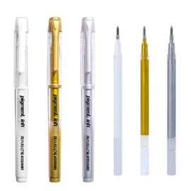 VEGCOO 3 Pack White Gel Pens with 3 Replacement Refills, 1mm White Gel Pen, White Ballpoint Pen Highlighter for Art Drawing Sketching Writing (White/Silver/Gold)