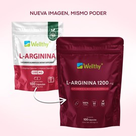 Wellthy L-Arginina 1200mg 100 Caps. 100% Pura y Natural, 50 Porciones por Envase, Alta Pureza con Certificaciones Internacionales, Bottle Free